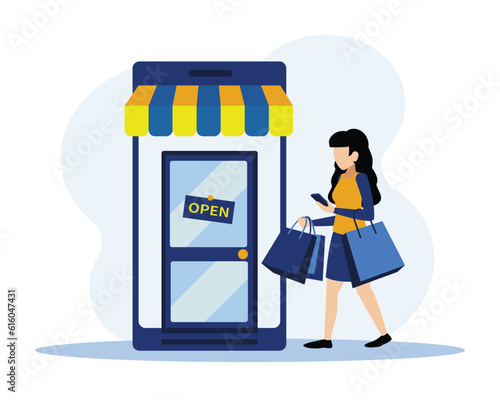 Female buyer visiting online shop website. Faceless lady with mobile phone and several bags in hands approaching store front door. Flat vector illustration