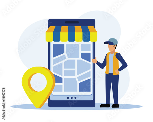 Character using delivery order service. Mobile app for express delivery package. Postman, courier deliver order. Vector illustration in blue and yellow colors