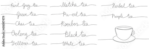 Big collection type of tea name one line continuous. Vector illustration with hand-drawn lettering. Tea time set for prints and posters, menu design, invitation and greeting cards. Calligraphic