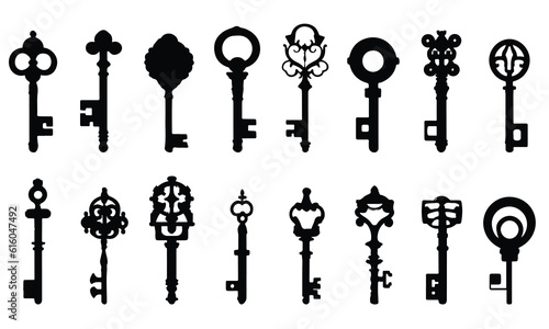 antique skeleton keys. Old Keys, Silhouettes Set, Vector illustration