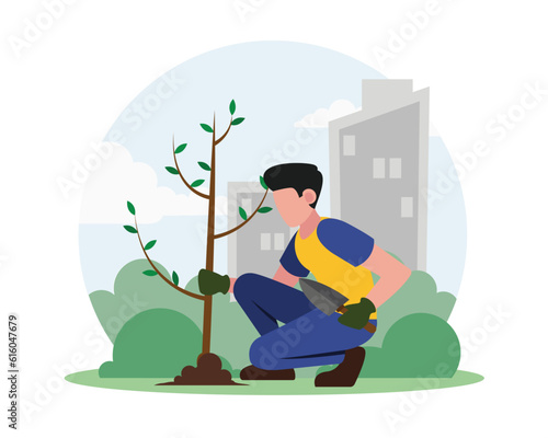 Faceless guy volunteer planting trees outdoors. Process of taking care of environment. Social charity activities. Volunteers working. Vector flat style illustration