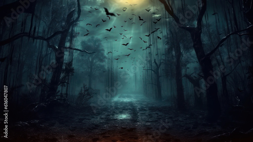 Spooky Halloween in the haunted forest graveyard with bats and scary trees. Happy Halloween Background. Generative AI