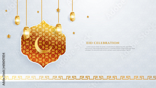 Vector eid mubarak celebratory white and gold illustration