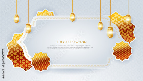 Vector beautiful eid mubarak islamic religious white and gold background with hanging lantern design