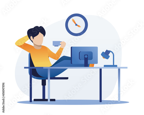 Relaxed guy with his feet up on table watching video on his phone while breaking work on computer. Working day in office. Vector flat style illustration