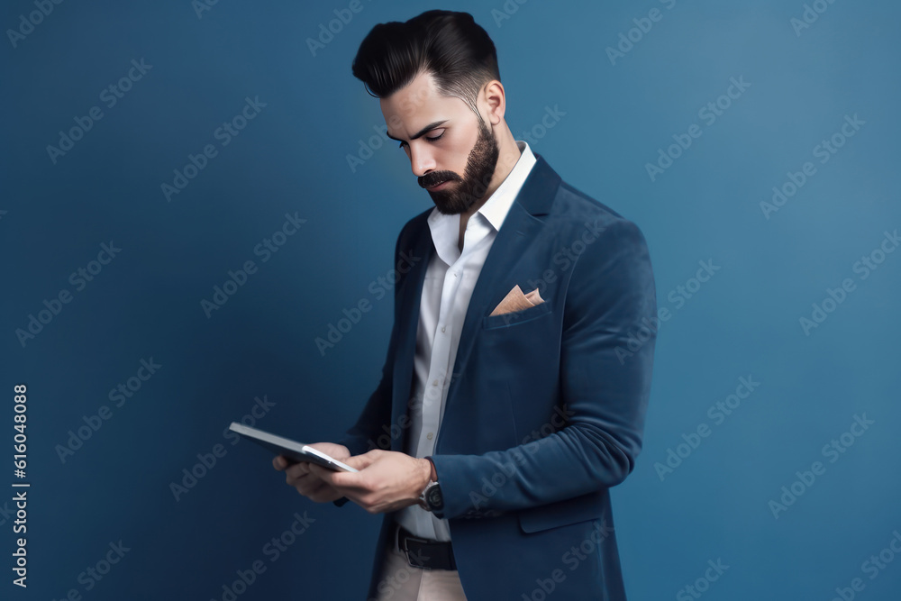 bearded businessman in suit holding digital tablet and looking away isolated on blue, Generative AI bearded businessman in suit holding digital tablet and looking away isolated on blue, Generative AI