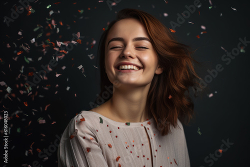 Beautiful young woman with confetti on dark background. Celebrating birthday. Generative AI