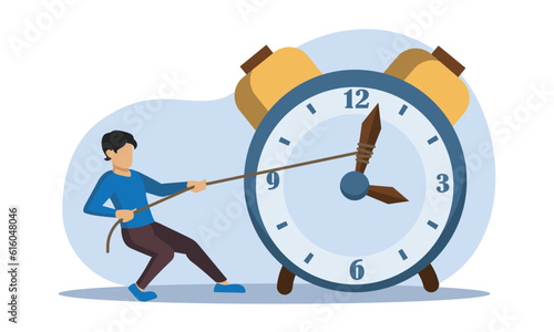 Life management. Faceless character trying to reverse flow of time. Strong fit male pulling back minute hand on alarm clock using rope. Flat vector illustration