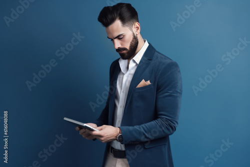 bearded businessman in suit holding digital tablet and looking away isolated on blue, Generative AI