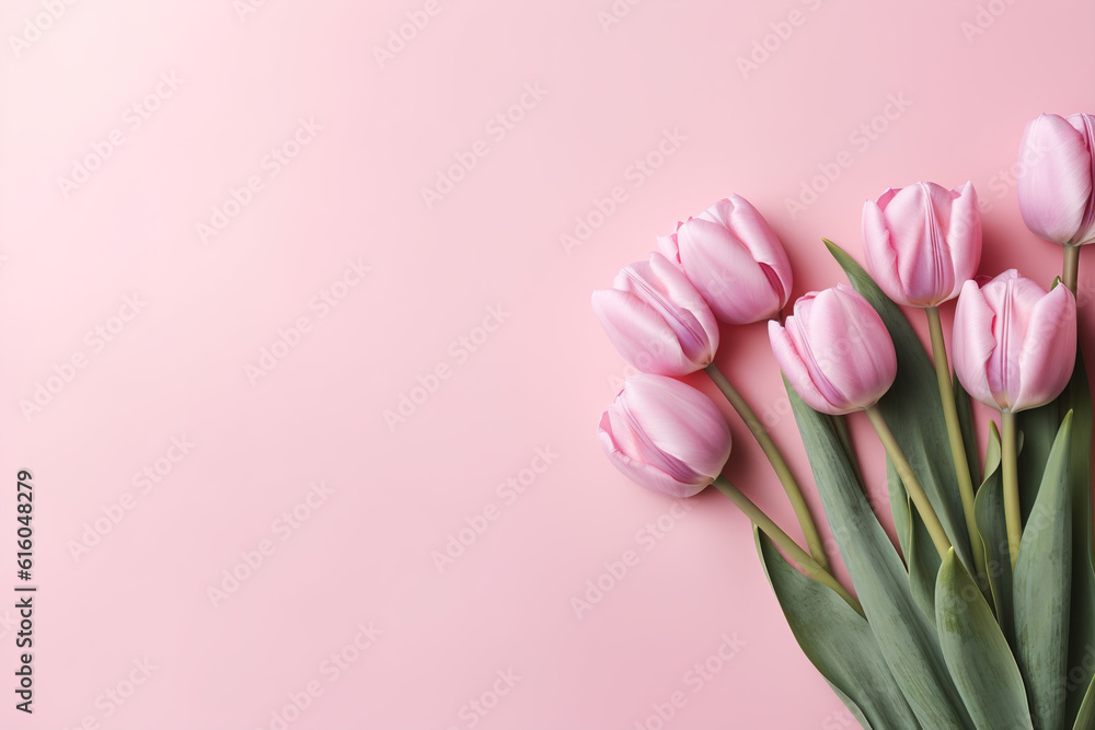Bouquet of pink tulips on a pink background. Flat lay, top view. Generative Ai