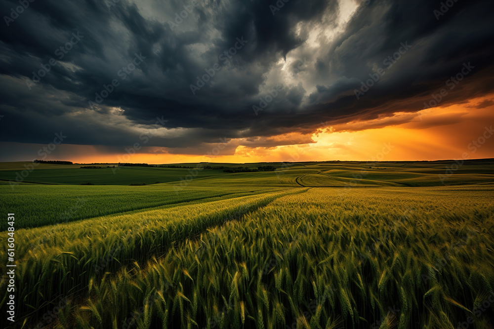 Wheat field at sunset. Generate Ai