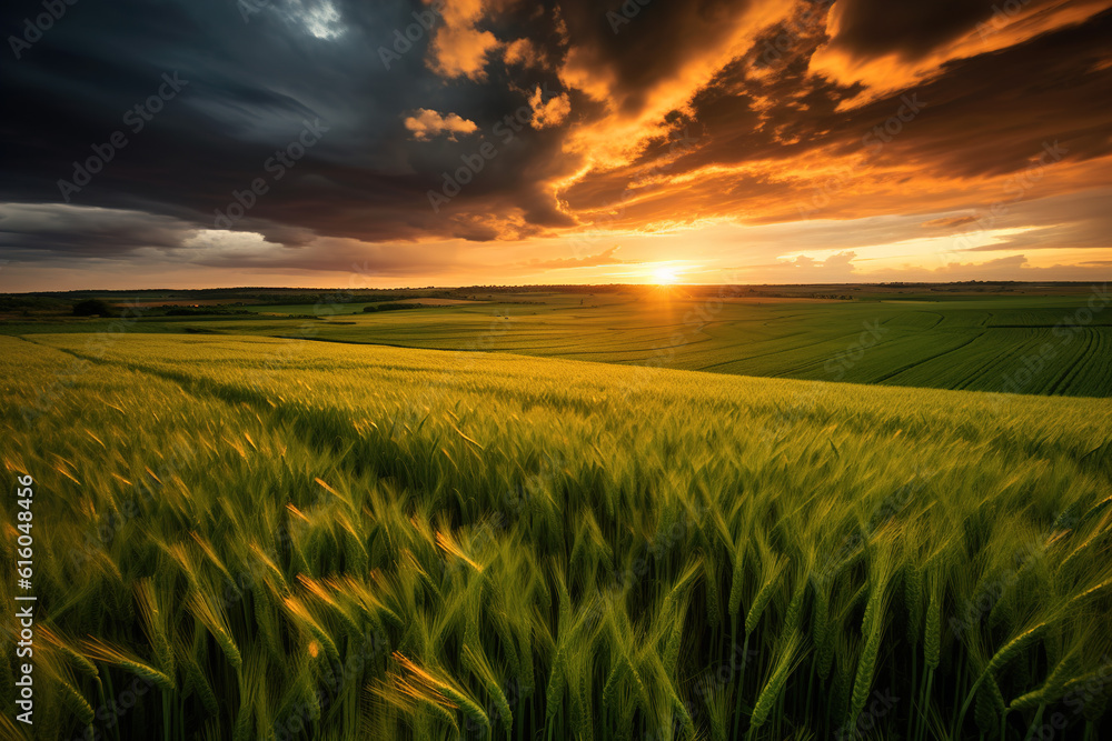 Wheat field at sunset. Generate Ai