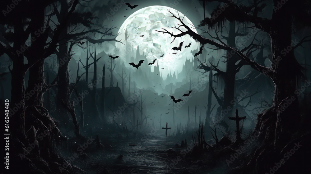 Spooky Halloween in the haunted forest graveyard with bats and scary trees. Happy Halloween Background. Generative AI - obrazy, fototapety, plakaty 