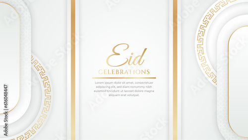 Eid mubarak celebration white and gold with ornament and lantern