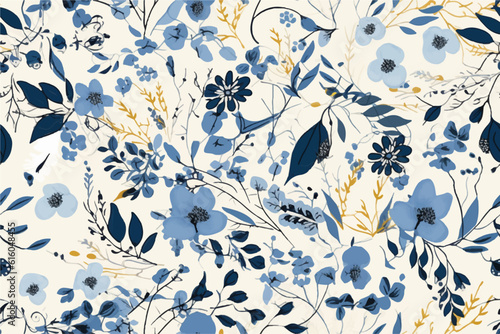 Cute hand drawn abstract flowers print. Modern cartoon style pattern. Fashionable template for design. Vintage blue and beige floral seamless pattern on white background