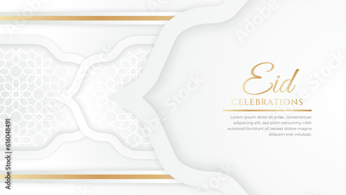 Eid mubarak celebration white and gold with ornament and lantern