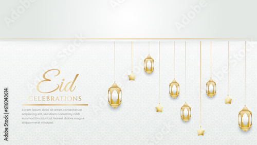 Eid mubarak celebration white and gold with ornament and lantern