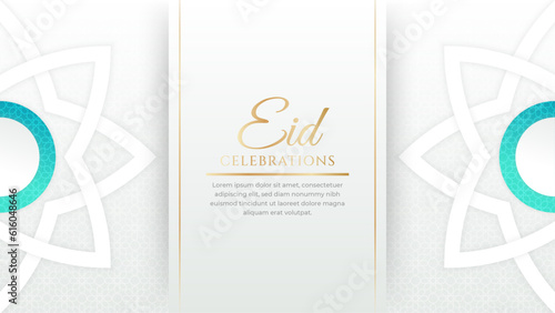 Eid mubarak celebration white and gold with ornament and lantern