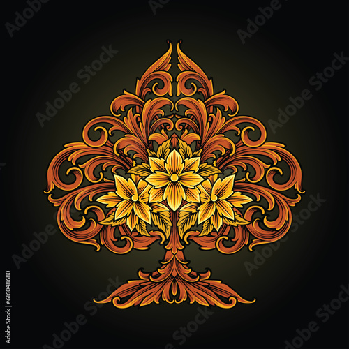 Engraved petals ornament shaped ace of spade illustrations vector illustrations for your work logo, merchandise t-shirt, stickers and label designs, poster, greeting cards advertising business company photo