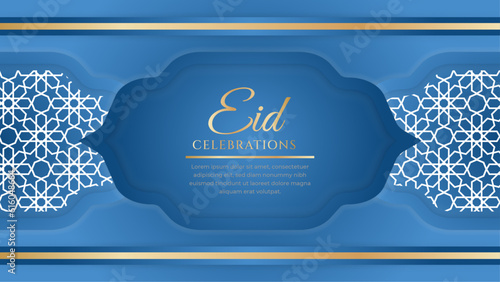 Eid mubarak celebration blue and gold with ornament and lantern