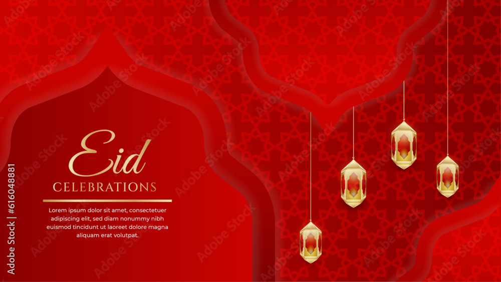 Eid mubarak red and gold background simple element with ornament