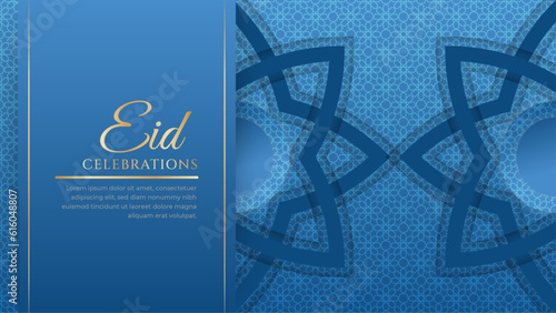 Eid mubarak celebration blue and gold with ornament and lantern
