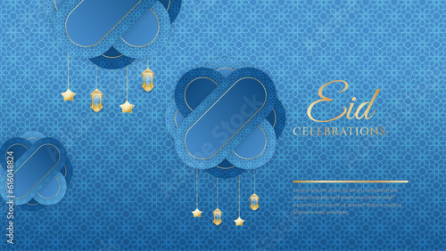 Eid mubarak celebration blue and gold with ornament and lantern