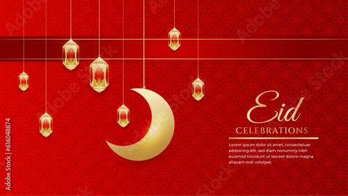 Eid mubarak celebration red and gold with ornament and lantern