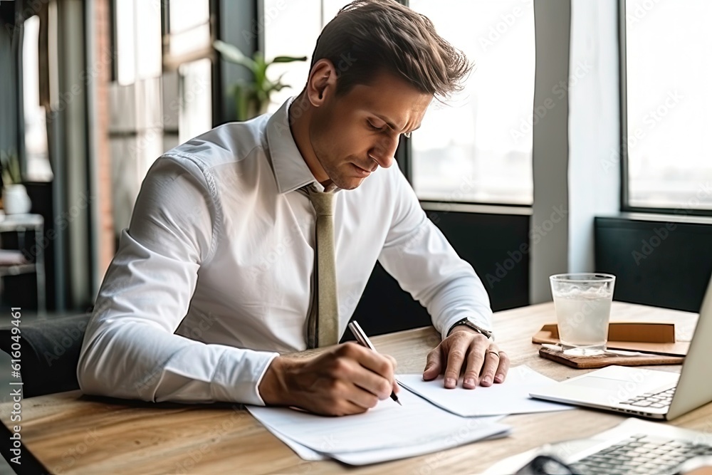 Serious young businessman writing in notebook while sitting at workplace in office Serious young businessman writing in notebook while sitting at workplace in office