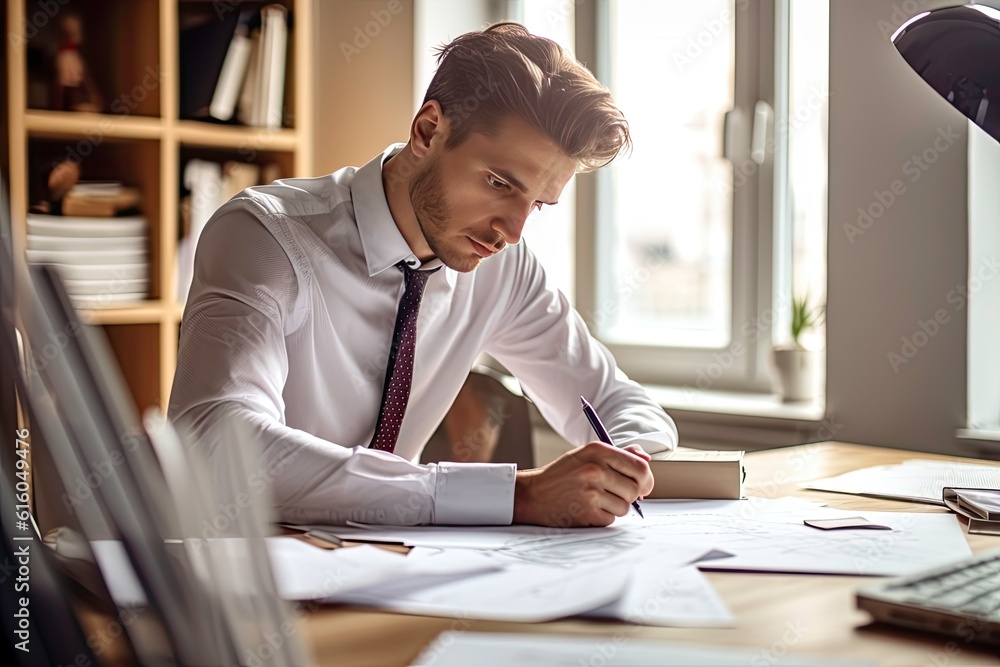 Serious young businessman writing in notebook while sitting at workplace in office Serious young businessman writing in notebook while sitting at workplace in office