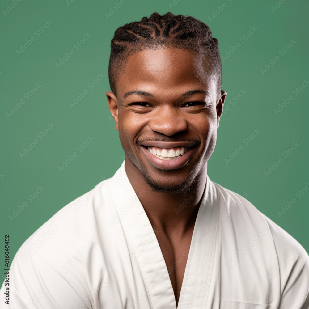 Obraz premium a smiling young men wearing karate clothes in dark green sage background generative ai