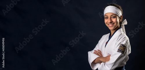 a smiling young woman wearing karate clothes in dark blue navy background generative ai