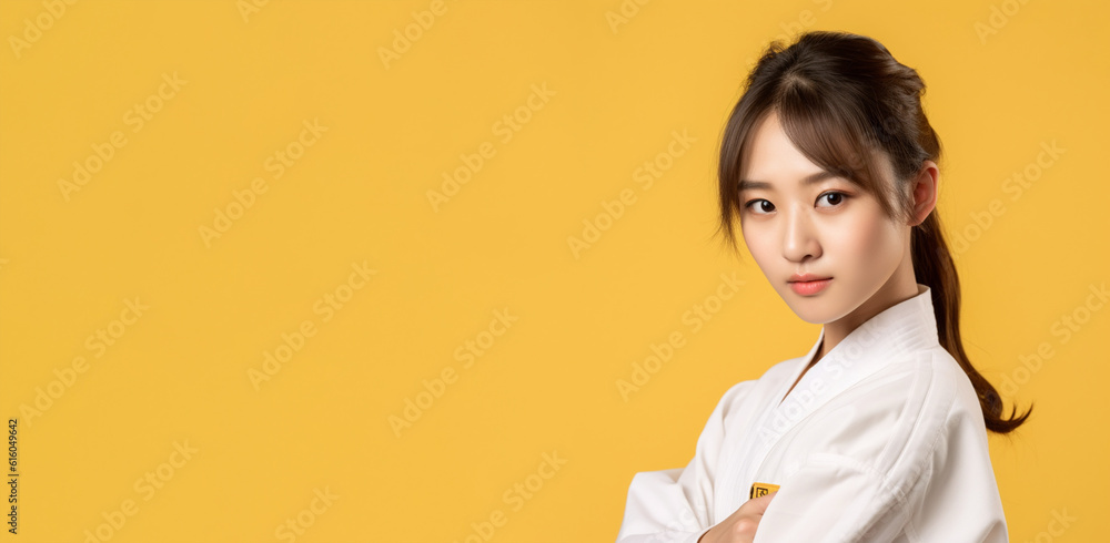 a smiling young woman wearing karate clothes in dark yellow background generative ai a smiling young woman wearing karate clothes in dark yellow background generative ai