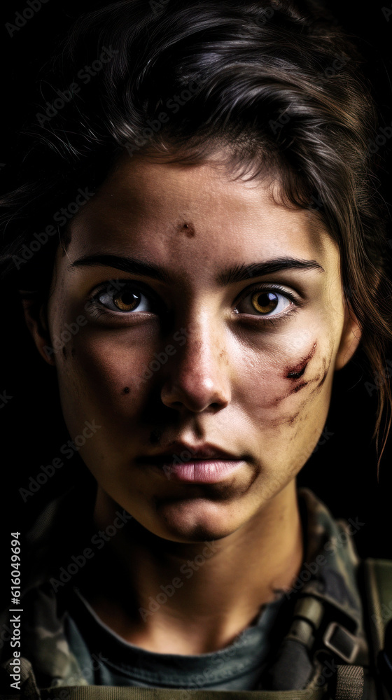 Resolute female soldier emerges, her eyes brimming with courage, offering a cinematic view that emphasizes her detailed face and uniform. Brave Army soldier. Generative AI
