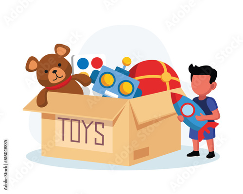 Cartoon little boy holding toy from box. Help from humanitarian aid organization. Boxes full of toys for charity. Volunteer social assistance. Vector flat style illustration