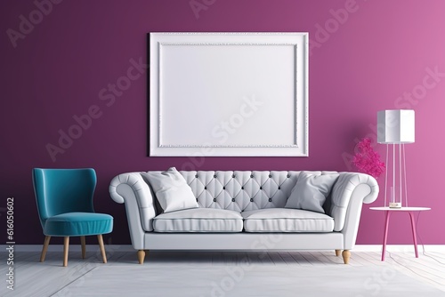 minimal comfy mood living room with a grey sofa and empty art wall hanging frame on purple wall, mockup idea, Generative Ai