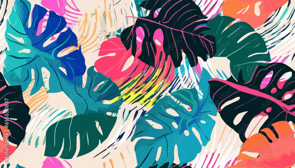 Bright modern monstera collage artistic print. Colorful contemporary seamless pattern. Hand drawn cartoon style.