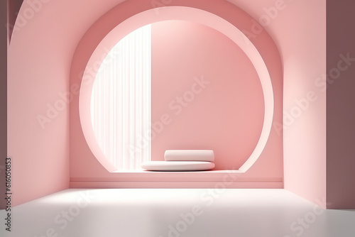Minimal abstract interior in pastel pink monochrome color. Empty room with sunlight and shadows, geometric wallpaper. Generative AI 3d render imitation. © SnowElf