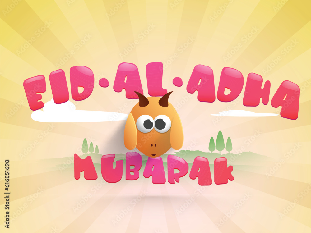 Eid-Al-Adha Mubarak Concept with Mascot Goat Character on Gradient Pink and Yellow Rays Background.