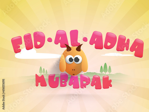 Fototapeta Naklejka Na Ścianę i Meble -  Eid-Al-Adha Mubarak Concept with Mascot Goat Character on Gradient Pink and Yellow Rays Background.