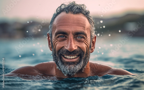A man relaxes in the water at the sea. Happy and smiling in the summer vacation
