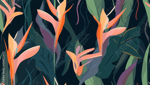 Hand drawn abstract jungle pattern with strelitzia flower. Creative collage contemporary seamless pattern. Natural colors. Fashionable template for design