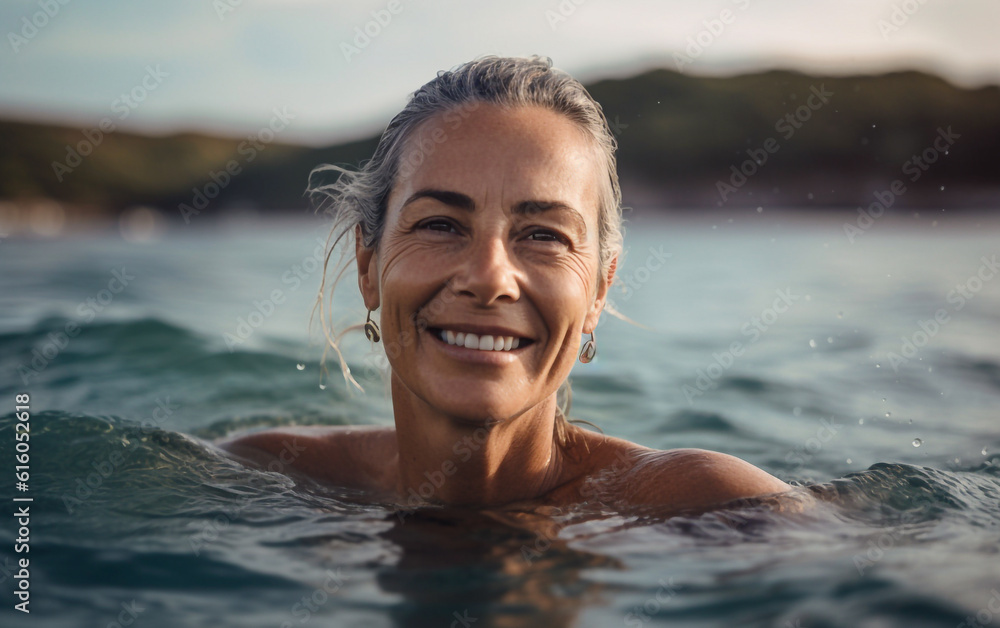 A man relaxes in the water at the sea. Happy and smiling in the summer vacation