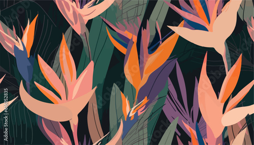 Hand drawn abstract jungle pattern with strelitzia flower. Creative collage contemporary seamless pattern. Natural colors. Fashionable template for design