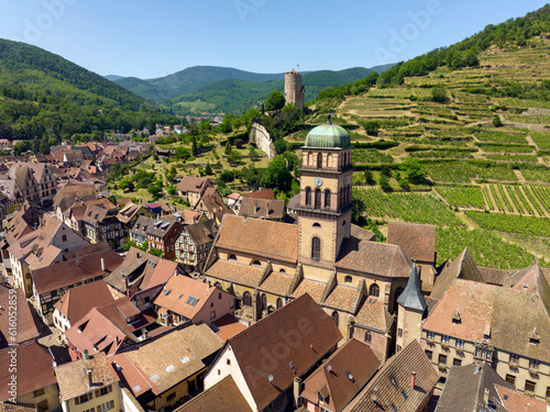 Aerial Drone Shot of the village of Kaysersberg in Alsace in a day. Summer in France, Church Castle and a beautiful City