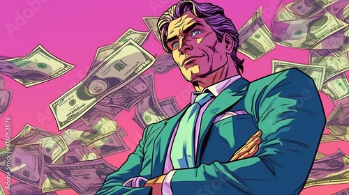 Businessman with stack of money . Fantasy concept , Illustration painting.