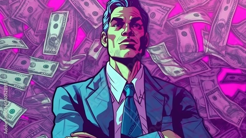Businessman with stack of money . Fantasy concept   Illustration painting.