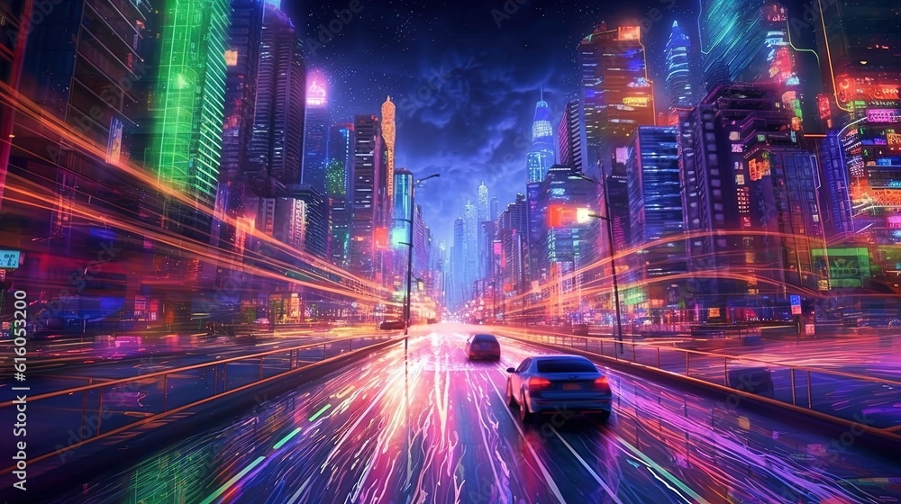 Busy traffic on a city street at night . Fantasy concept , Illustration painting.