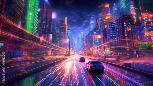 Busy traffic on a city street at night . Fantasy concept   Illustration painting.