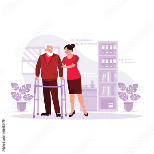Portrait of a female nurse taking care of elderly patients and helping to walk using walker crutches. Trend Modern vector flat illustration.